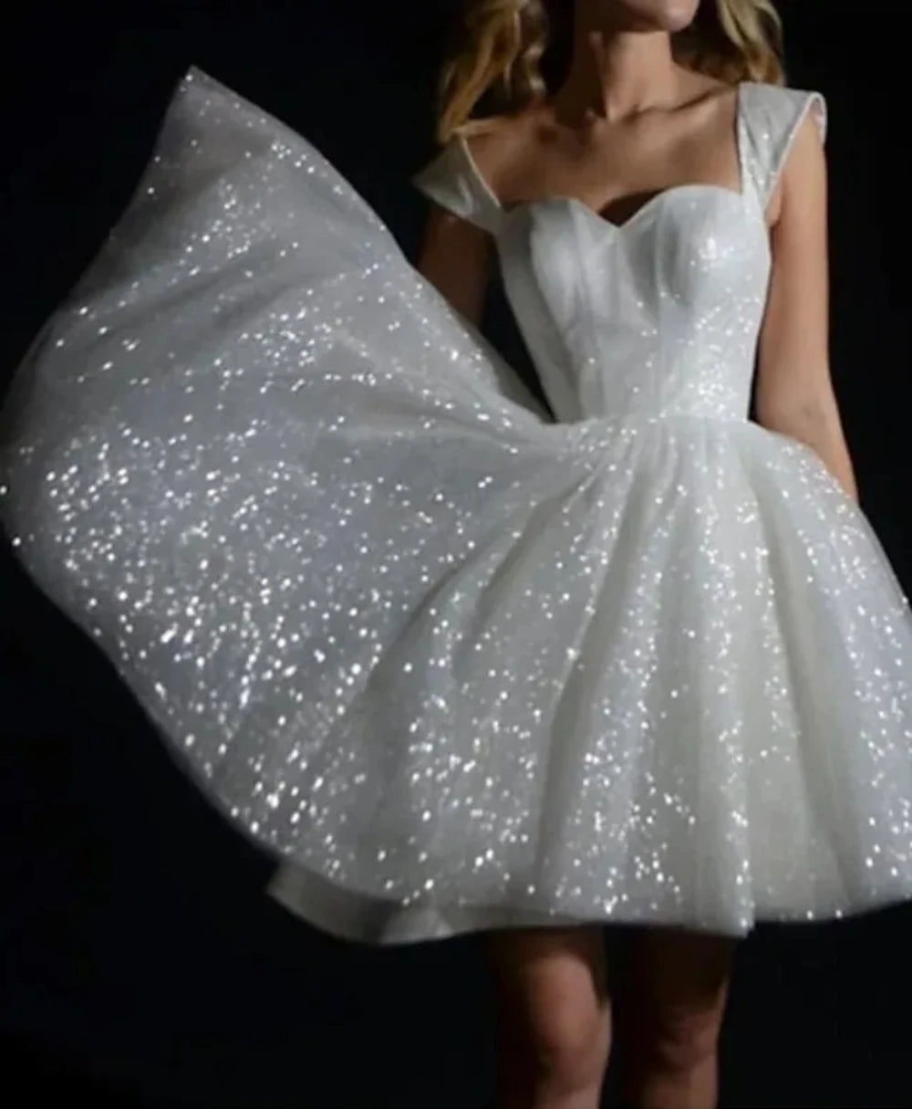 Sparkling A-Line Short Wedding Dress Sexy sleeveless V-neck tulle sequin bridal Party Dress Custom made by De Mariee Beach