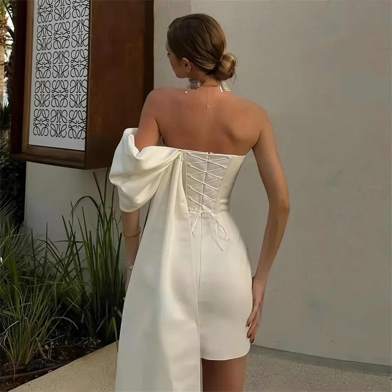 Modern one shoulder strapless elegant mini sheath satin short wedding dress bridal party gown side view