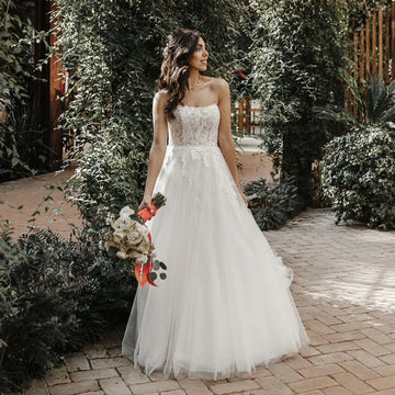Luxury A Line Wedding Dresses Women's Strapless Boho Bridal Gown Lace Appliques Backless Tulle Customized Vestidos De Novia