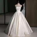 Customized Elegant Champagne Lace Satin Wedding Dress Ball Suit Strapless Sleeveless Backless Floor Length Long Wedding