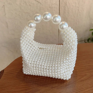 Beaded Woven Tote Bags for Women Pearl Purses and Handbags Ladies Evening Party Hand Bags Holiday Purse