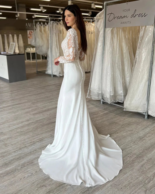 Bride Dress Boho Wedding Dresses V-neck Lace Appliques Full Sleeves Bridal Dress Long Satin Bride Gown vestido vestidos de novia