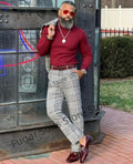Slim notch lapel gray checkered 2 pieces classic groom wedding tuxedo men suit blazer side view