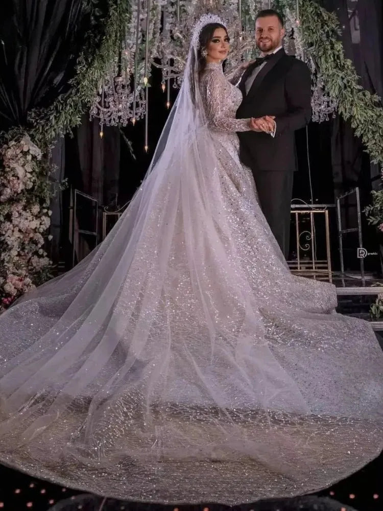 Sparkly Princess Wedding Dress Dubai Beaded Arabic Long Sequined Sleeves High Neck Gorgeous Bridal Gowns Tulle Vestido De Novia