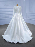 Elegant A-line Arabic Dubai satin sequins embroidery high neck wedding dress bridal gown back view