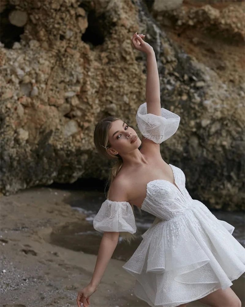 Charming V-Neck A-Line Wedding Dress Short Puff Sleeve Bridal Gowns Custom Made Robe De Mariee Vestido De Novia