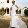 High neck mermaid sleeveless satin bow lace-up sweep train luxury wedding dress bride bridal gown