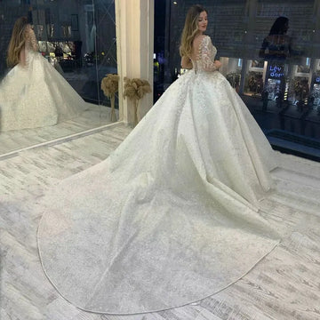 Customized Sparkly Beading Wedding Dress Long Sleeves Vestido De Noiva Lace Up Pageant Beading Bridal Gowns Hochzeitskleid