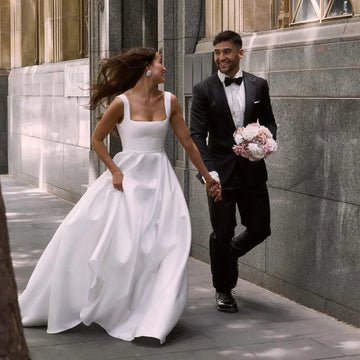 Satin Wedding Dresses For Bride Backless A-line Buttons Luxury Brides Gown Long Train Evening Bridal Dress Customized