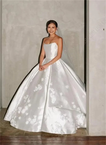 A-Line Strapless Formal Wedding Gowns Satin Lace Luxury Bridal Dress Floor Length Fancy Dresses Plus Size Vestidos De Novia