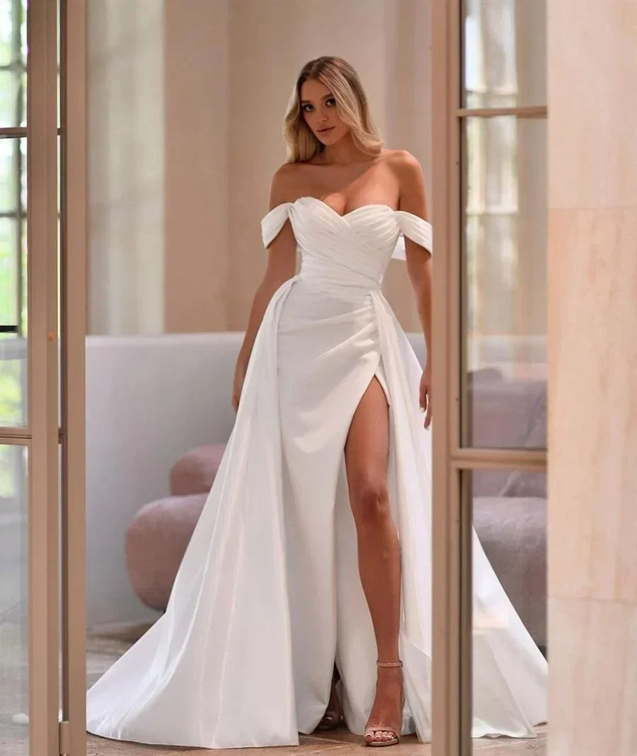 Matte satin high slit off-shoulder crisscross ruched bridal gown size chart color variants