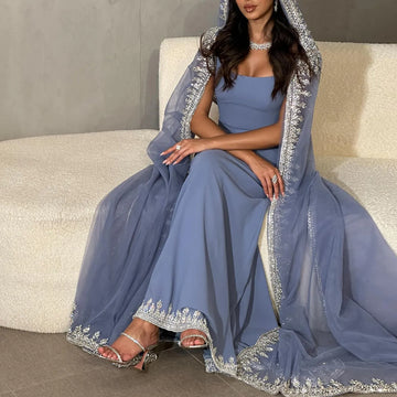 Luxury Blue Mermaid Dubai Evening Dresses with Cape Sleeves Sage Green Elegant Arabic Women Wedding Party GownsSS445