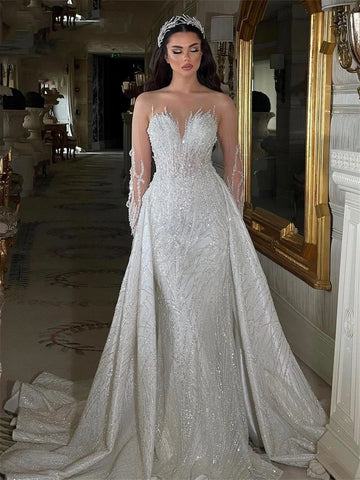 Customized Sheer Neck Beading Bride Dresses Mermaid Wedding Dress Illusion Long Sleeve Luxury Bridal Gowns Vestido De Noiva
