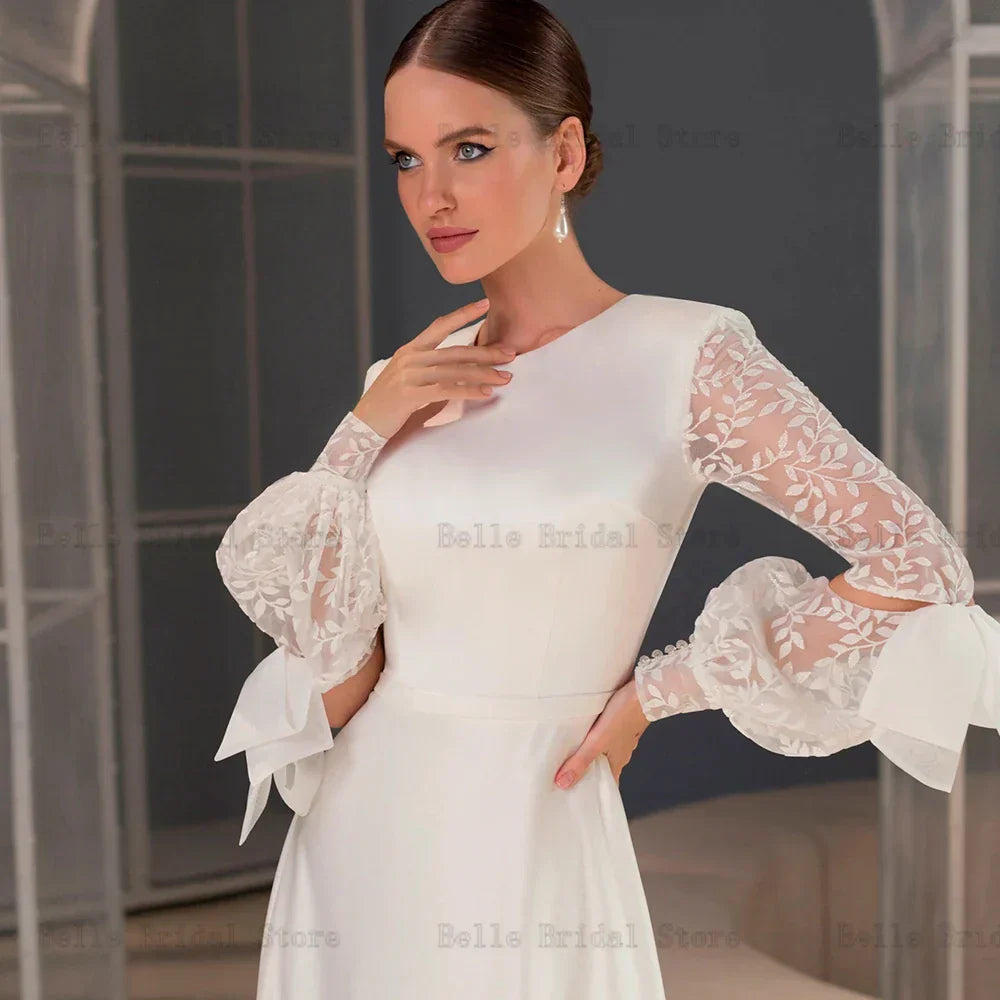 Elegant White Wedding Dresses O Neck Long Sleeves Bridal Gowns Appliques Back Zipper Sweep Train A-line Vestidos De Novia