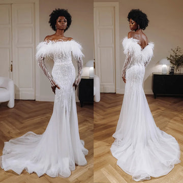 Exquisite Feather Sexy Mermaid Wedding Dresses Off Shoulder Sequined Beaded Backless Long Sleeves Bride Dresses Custom Made