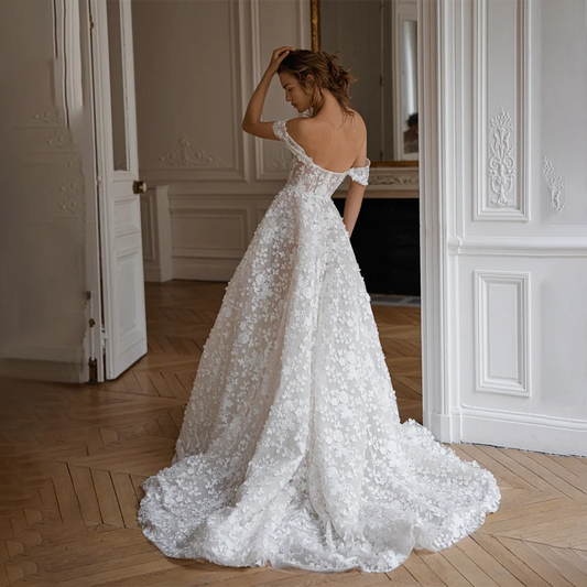 Luxury Floral Embroidered Off Shoulder Wedding Dress Customized Removable Cover Up Fallen Straps A Line 3D Lace Bridal Gowns