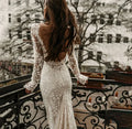 Long sleeve off-shoulder classy mermaid lace backless bridal gown back view