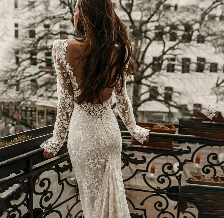 Long sleeve off-shoulder classy mermaid lace backless bridal gown back view