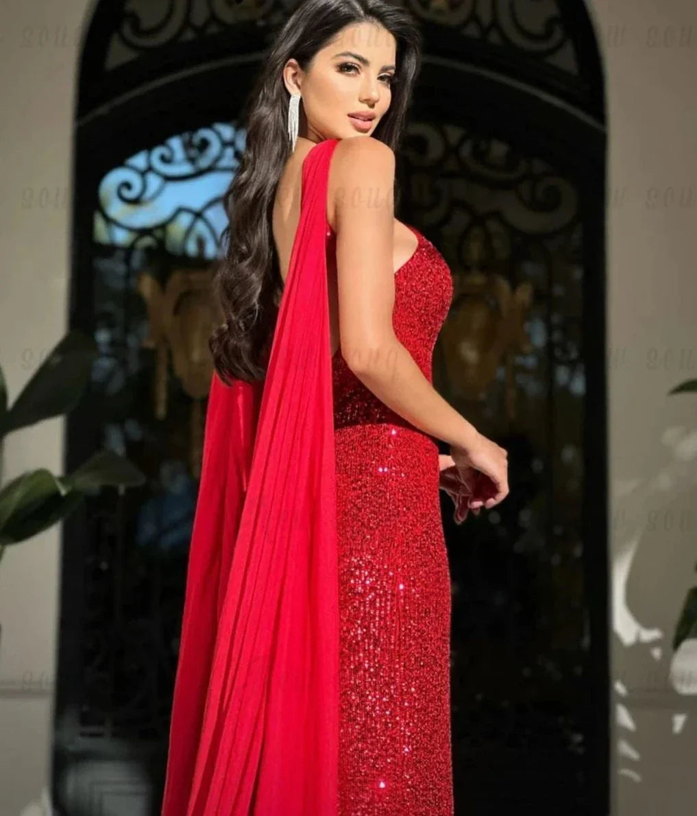 Red Luxury Party Dress Dubai Formal Occasion Dresses With Long Cape Shiny Beaded Sequins Prom Gowns Arabic Evening Dresses