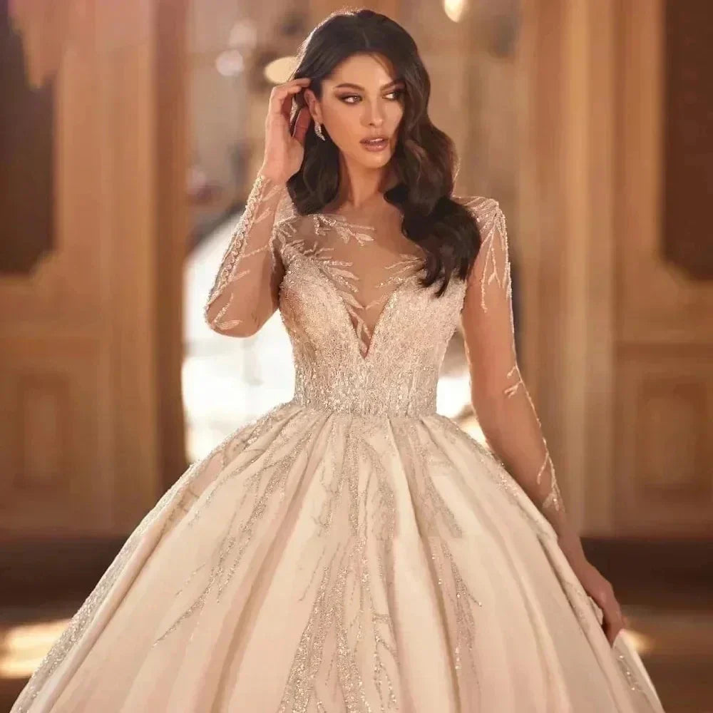 Luxury puffy wedding dress sheer neck lace sequins long sleeves satin church bride bridal gown