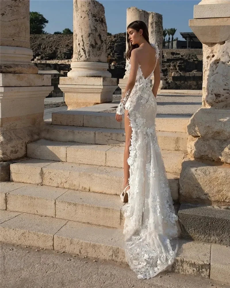 Customize Summer Sexy High Split Backless Lace Wedding Dress Floor-Length Sweetheart Applique Boho Mermaid Bride Gowns