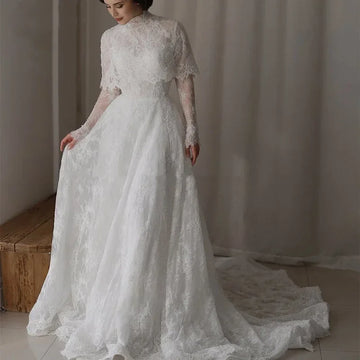 Luxury Lace A Line Wedding Dresses Long Sleeve Cape High-neck Wedding Bridal Dresses vestidos de novia Customized