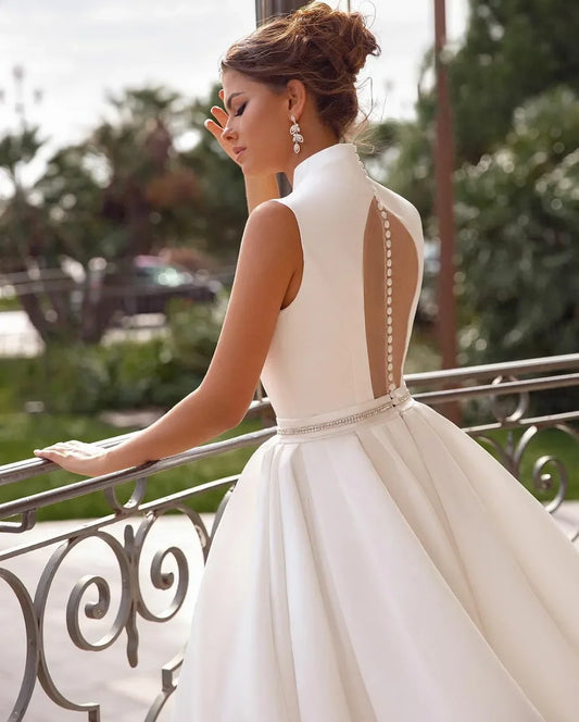 The new A-line Princess wedding dress line high-neck bridal dress with simple illusion button after the women's foyer de Noiva