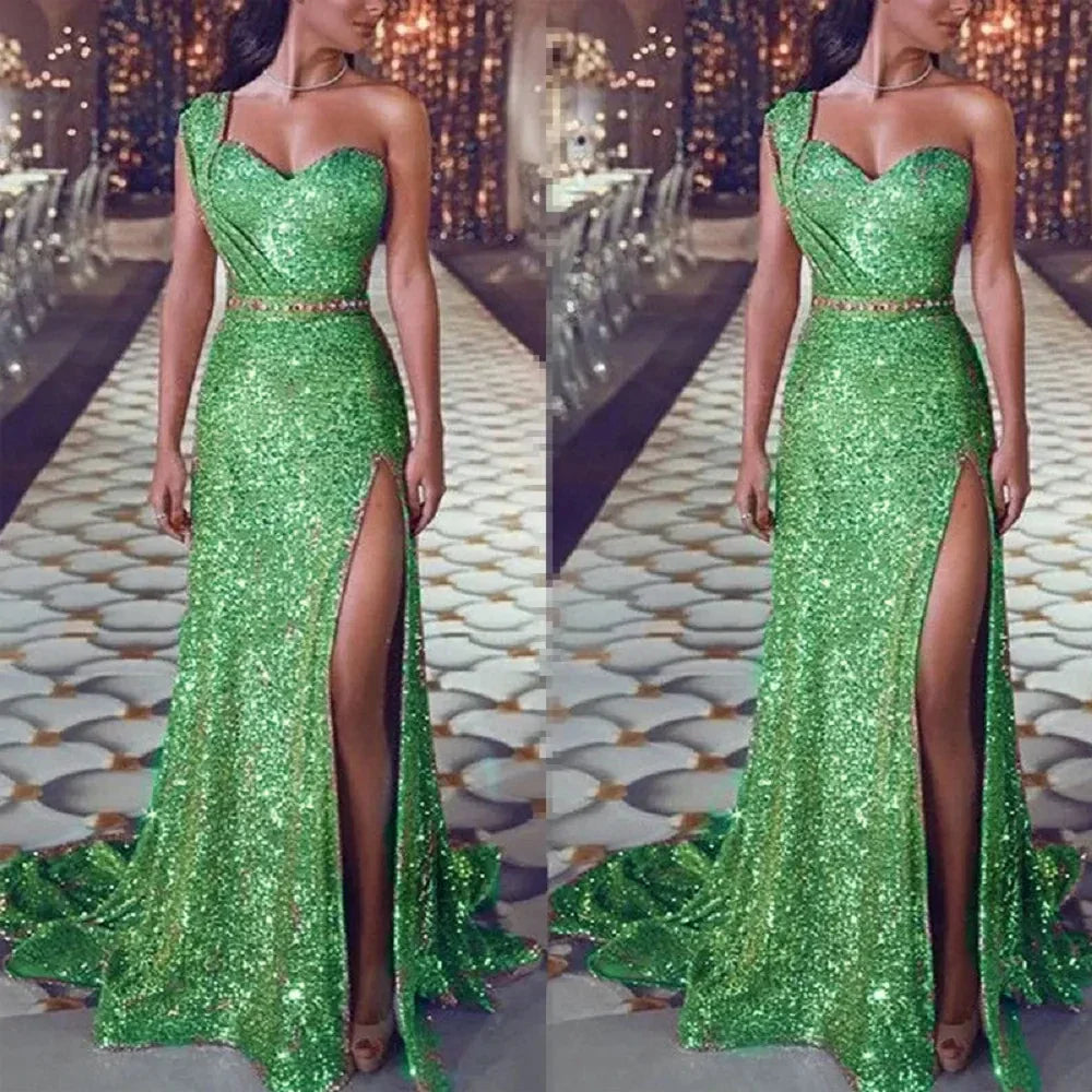 Elegant Deep V Neck Shoulder Sleeveless Long Maxi Dresses Woman Wedding Party Dress Female Evening Sequined Bodycon Split Dress