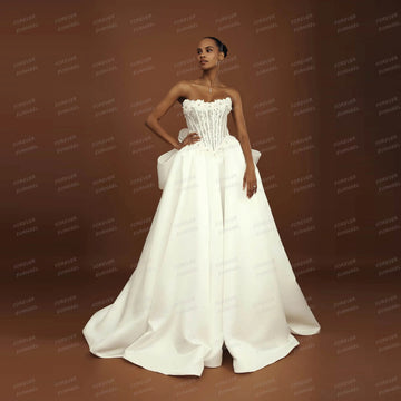 Simple Satin Wedding Dresses A Line Woman's Appliques Boat Neck Formal Backless Bride Gowns Customized Vestidos De Novia