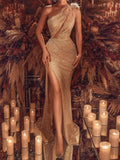 2024 New Style Women's Night Full Dress Sexy One-shoulder Sequins Long Sleeve Women Wedding Dresses Bridesmaid Dress
