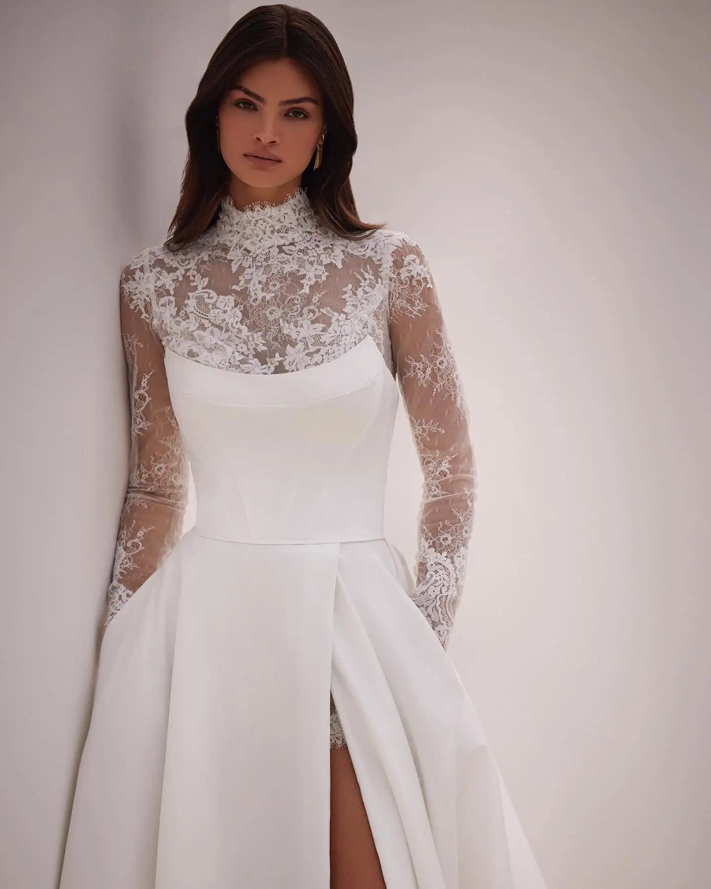 Full Sleeves Short Lace With Satin Wedding Dresses Side Slit Custom Made Vestido De Noival - Image 3