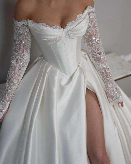 Gorgeous A set wedding dress Sexy off-the-shoulder lace beaded Long sleeve backless Side slit Crepe Satin Beach Bridal Dress