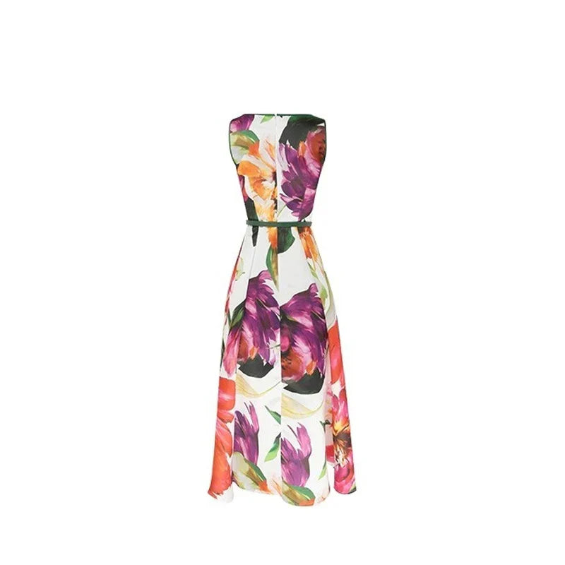 neck Knee-length Skirt Women's Everyday Street Short-sleeved Skirt Fashion Floral Print Party Skirt Loose Dress