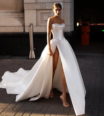 A-line satin two-piece wedding dress 2026 pearls sweetheart high slit long train bridal gown