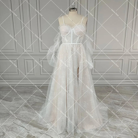 Sweetheart Sparkle Sequins Spaghetti Straps Wedding Dress Customized High Split Boning Long Shirred Sleeves Tulle Bridal Gowns