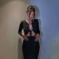 Cut-out sparkle sequined long sleeve bodycon sexy party maxi dress women birthday luxury club ivory