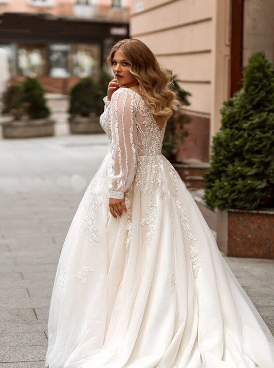 Elegant Plus Size Wedding Dress for Woman A-line Tulle Lace Beading Appliques Long Sleeve Bridal Gown Luxury Robe de Mariee