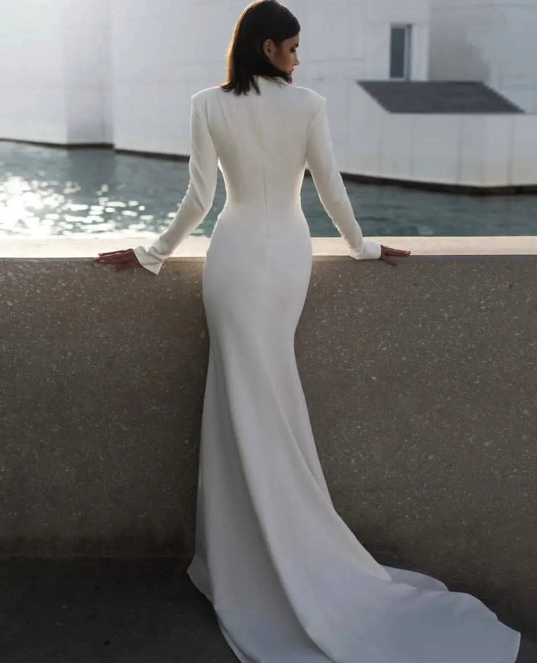 Gorgeous mermaid wedding dress 2026 deep V-neck full sleeves button slit satin bride bridal gown
