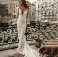Off-shoulder long sleeve lace mermaid classy backless bridal gown side view