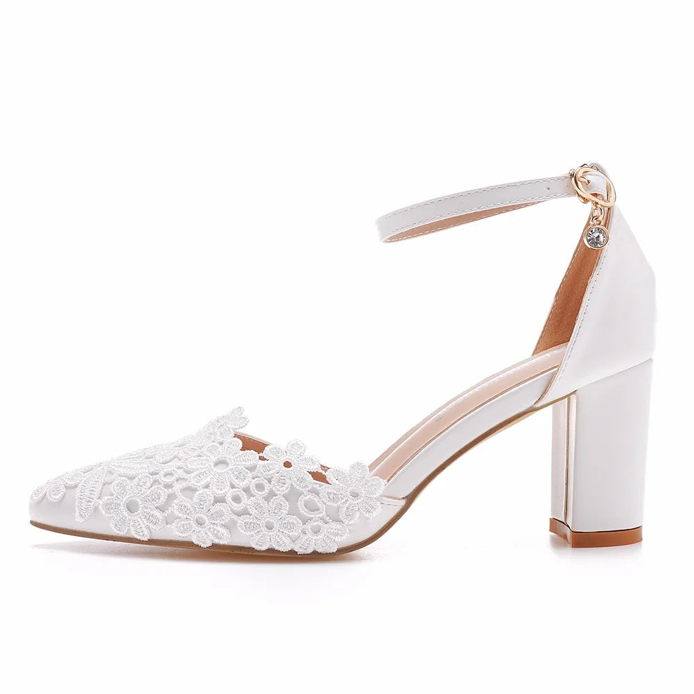 Elegant ankle strap high heels lace wedding shoes women white crystal fashion party sandals