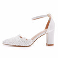 Ankle strap white lace crystal elegant high heels fashion party wedding shoes women
