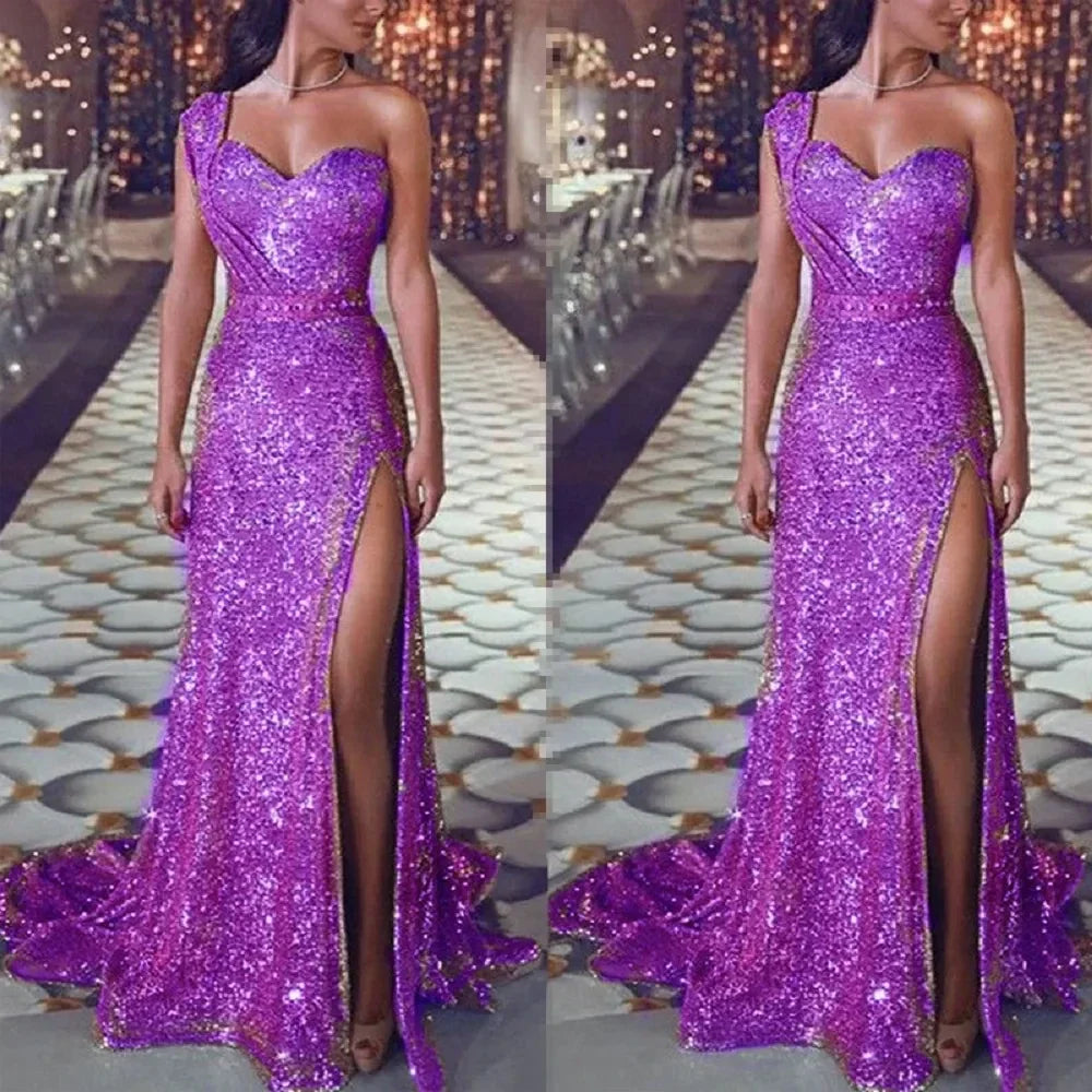 Elegant Deep V Neck Shoulder Sleeveless Long Maxi Dresses Woman Wedding Party Dress Female Evening Sequined Bodycon Split Dress