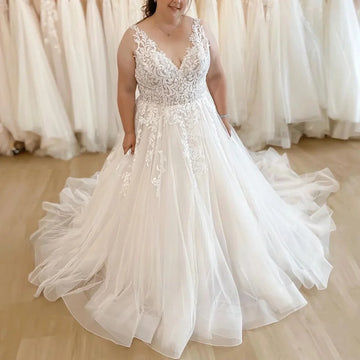 Vintage Lace Wedding Dresses 2024 Plus Size Sleeveless Deep V Neck Exquisite Applique A Line Customized Bride Vestido De Noiva