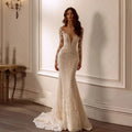 Scalloped neck long sleeve embroidery detachable train graceful mermaid wedding dress bridal gown ivory