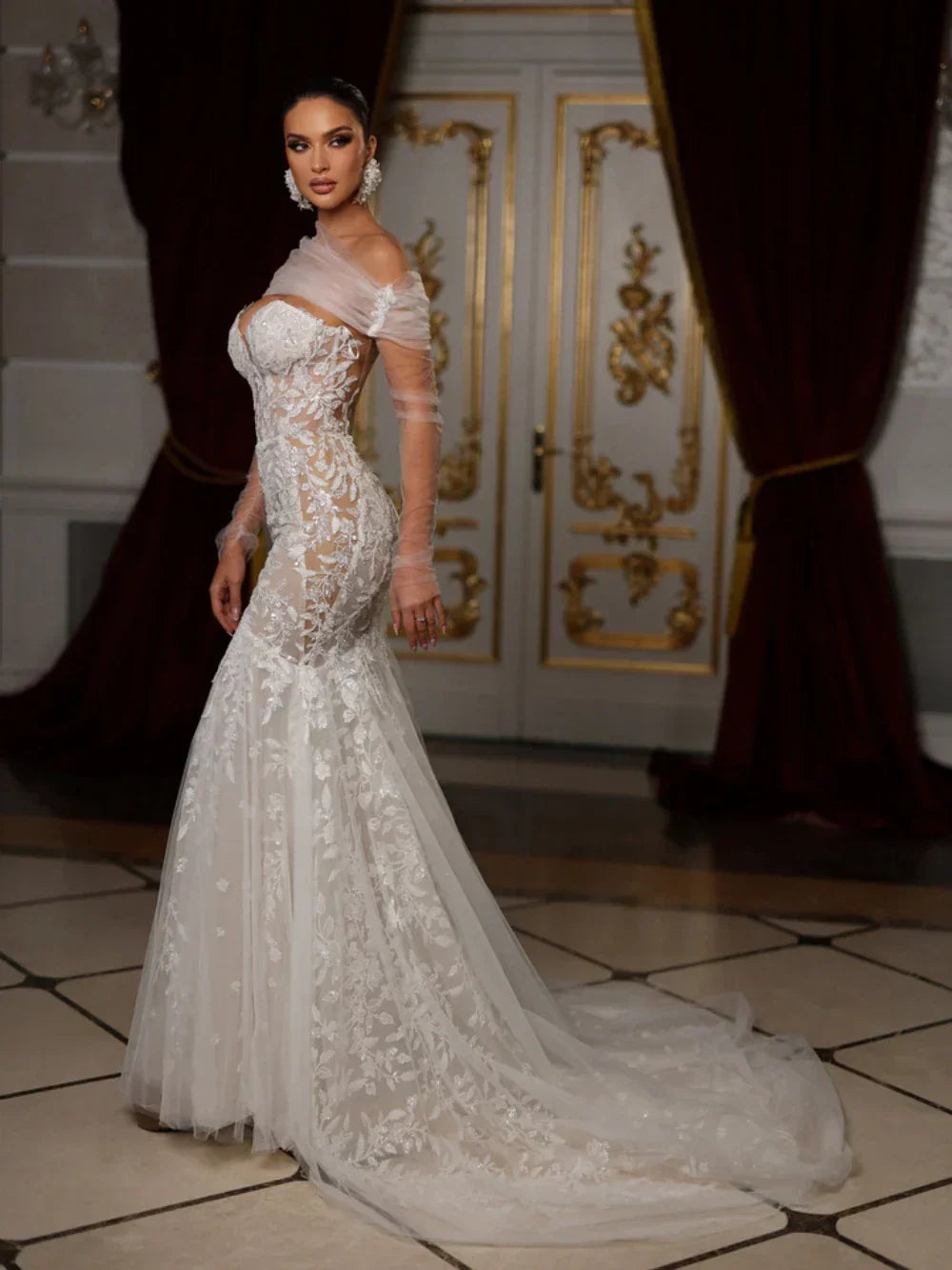 Sparkly sweetheart sequins appliques mermaid elegant bridal dress front view