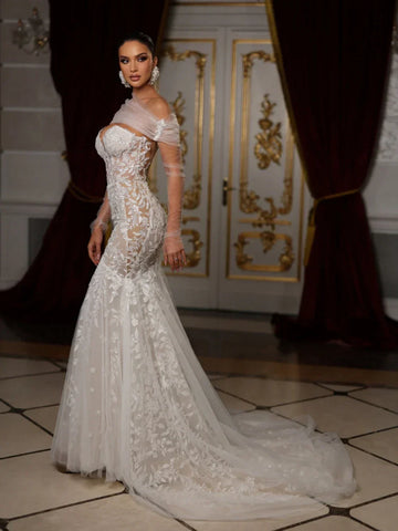 Sparkly sweetheart sequins appliques mermaid elegant bridal dress front view