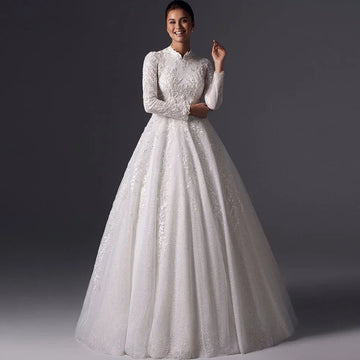 Customized Muslim High Collar A-line Wedding Dress Wrinkle Long Sleeve Lace Applique Bridal Dress Vintage Vestidos De Novia