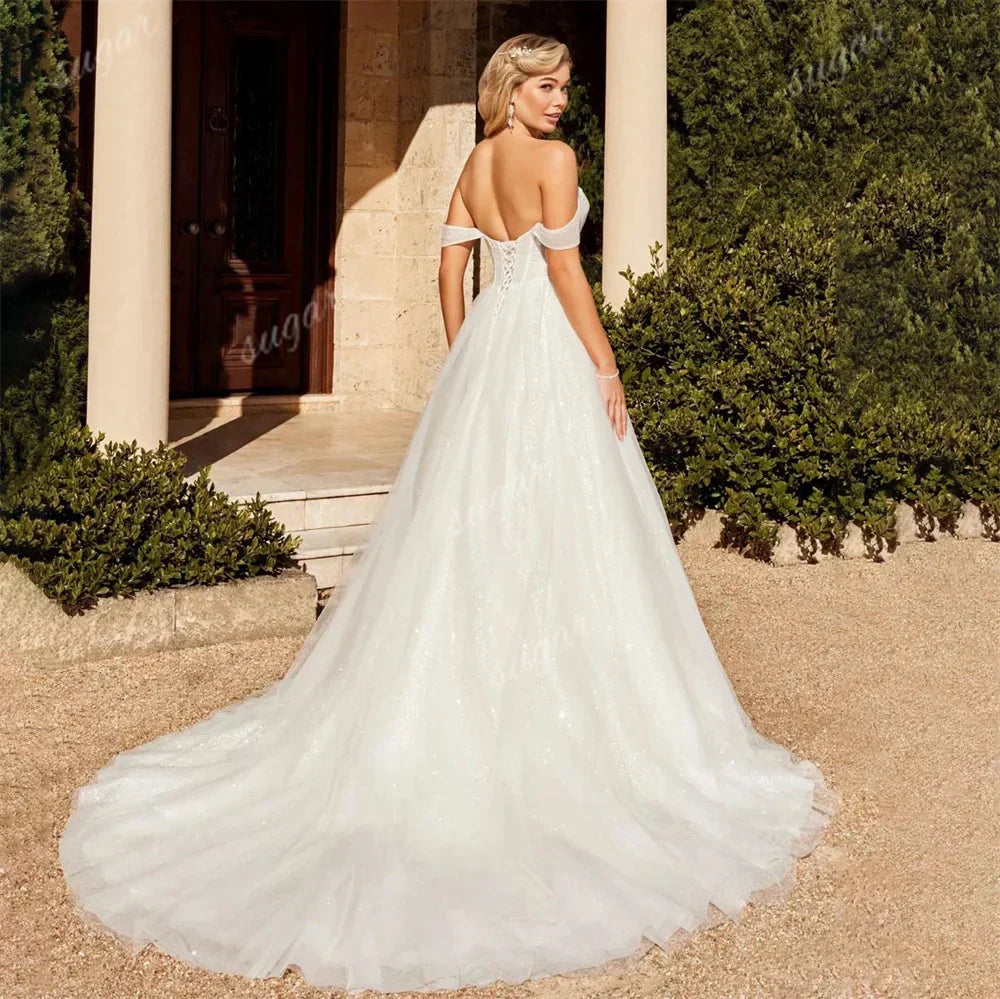 Sparkly tulle A-line off-shoulder sweetheart princess bridal gown size chart