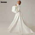 High Collar Ivory A-line Wedding Dresses Fold Puff Sleeve Satin Draped Pleat Bride Gown Floor Length robe de mariée