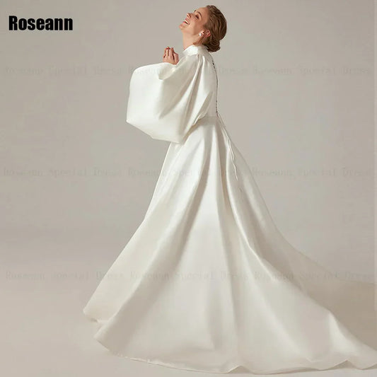 High Collar Ivory A-line Wedding Dresses Fold Puff Sleeve Satin Draped Pleat Bride Gown Floor Length robe de mariée